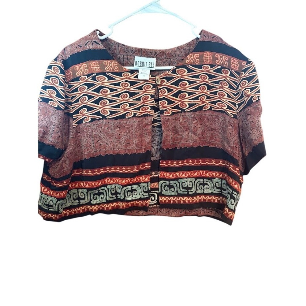 Robbie Bee Vintage Cropped Jacket Tribal Geometric Print Short Sleeve Rust Black